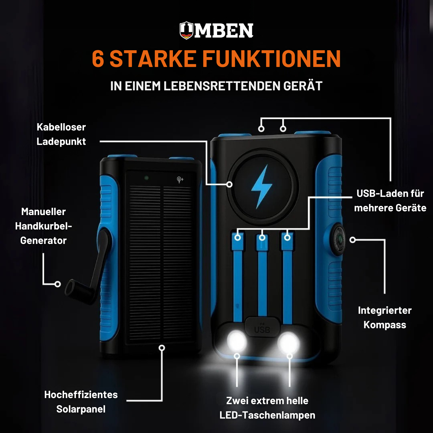 Kabellose Solar-Powerbank mit Handkurbel-Ladefunktion